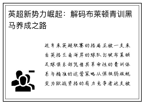 英超新势力崛起：解码布莱顿青训黑马养成之路